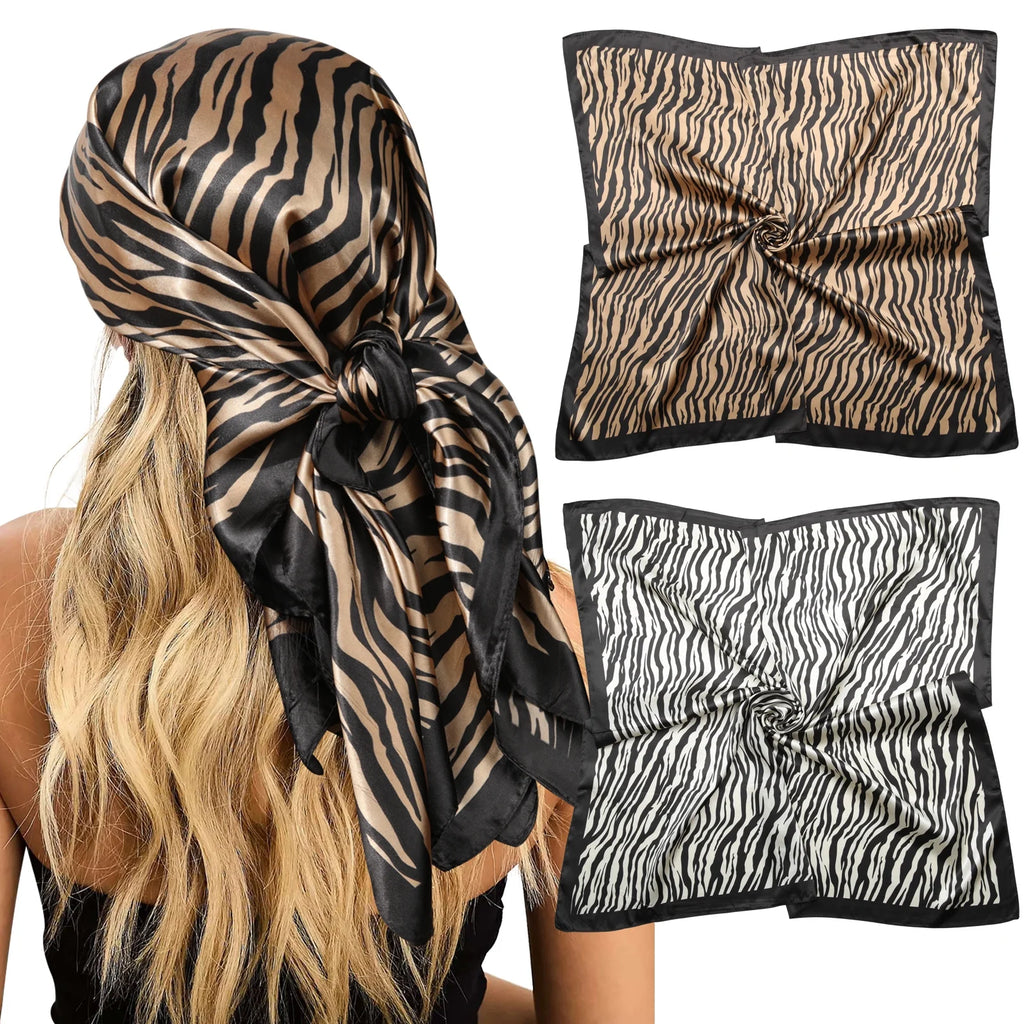 35” Large Satin Square Head Scarf - 2Pcs Silk Floral Head Scarves Women Hair Scarves Hair Bandanas
