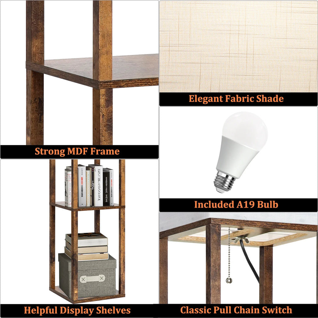 Floor Lamp with Shelves, Modern Dimmable Solid Wood Standing Lamp for Living Room and Bedroom