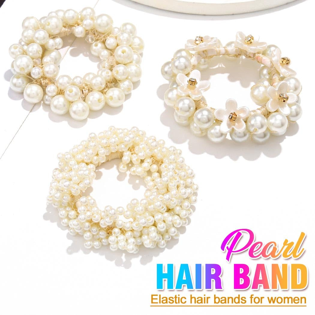 Pearl Hair Ties Fancy Ponytail Holder White Elastic Hair Bands Pearl Hair Accessories for Women (Pack of 3)