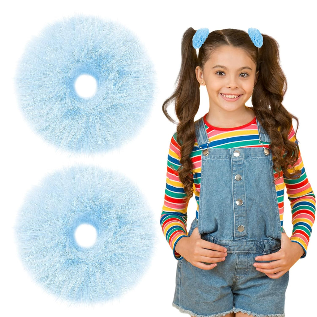 2Pcs Blue Pompom Hair Tie Furry Faux Rabbit Fur Fuzzy Scrunchies Blue Fuzzy Hair Ties Baby Hair Ties Ponytail Holders Pom Hair Accessories for Girl Women