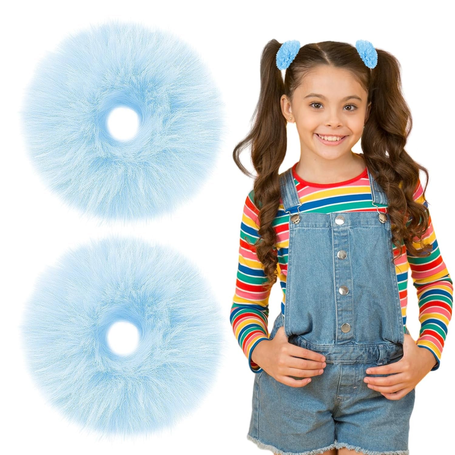 2Pcs Blue Pompom Hair Tie Furry Faux Rabbit Fur Fuzzy Scrunchies Blue Fuzzy Hair Ties Baby Hair Ties Ponytail Holders Pom Hair Accessories for Girl Women