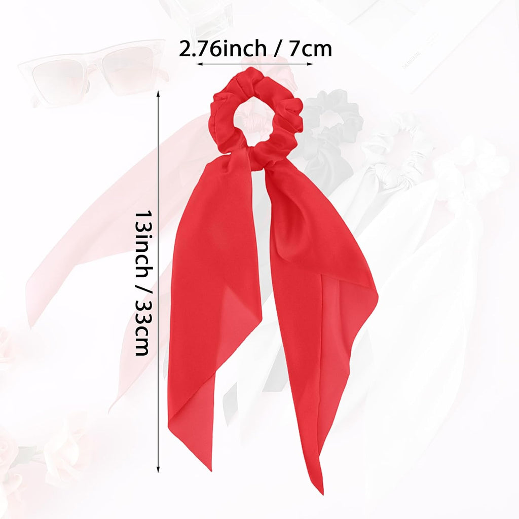 Hair Scarf Scrunchies for Women, 4 Pcs Ribbon Bow Hair Ties Cute Satin Hair Scrunchies with Ribbon Tails Elastic Hair Bands Soft Ponytail Holder Hair Accessories (Black/White/Red/Grey)