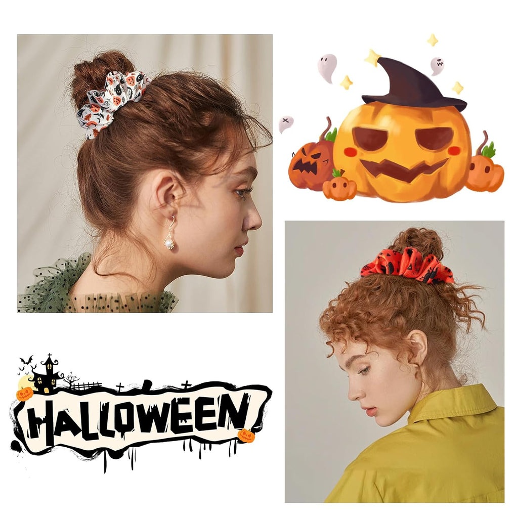 Halloween Hair Ties Elastics Hair Scrunchies Ponytail Holder Pumpkin Bat Ghost Silk Hair Rope Hair Band for Women Halloween Hair Accessories Black Orange Purple 6Pcs