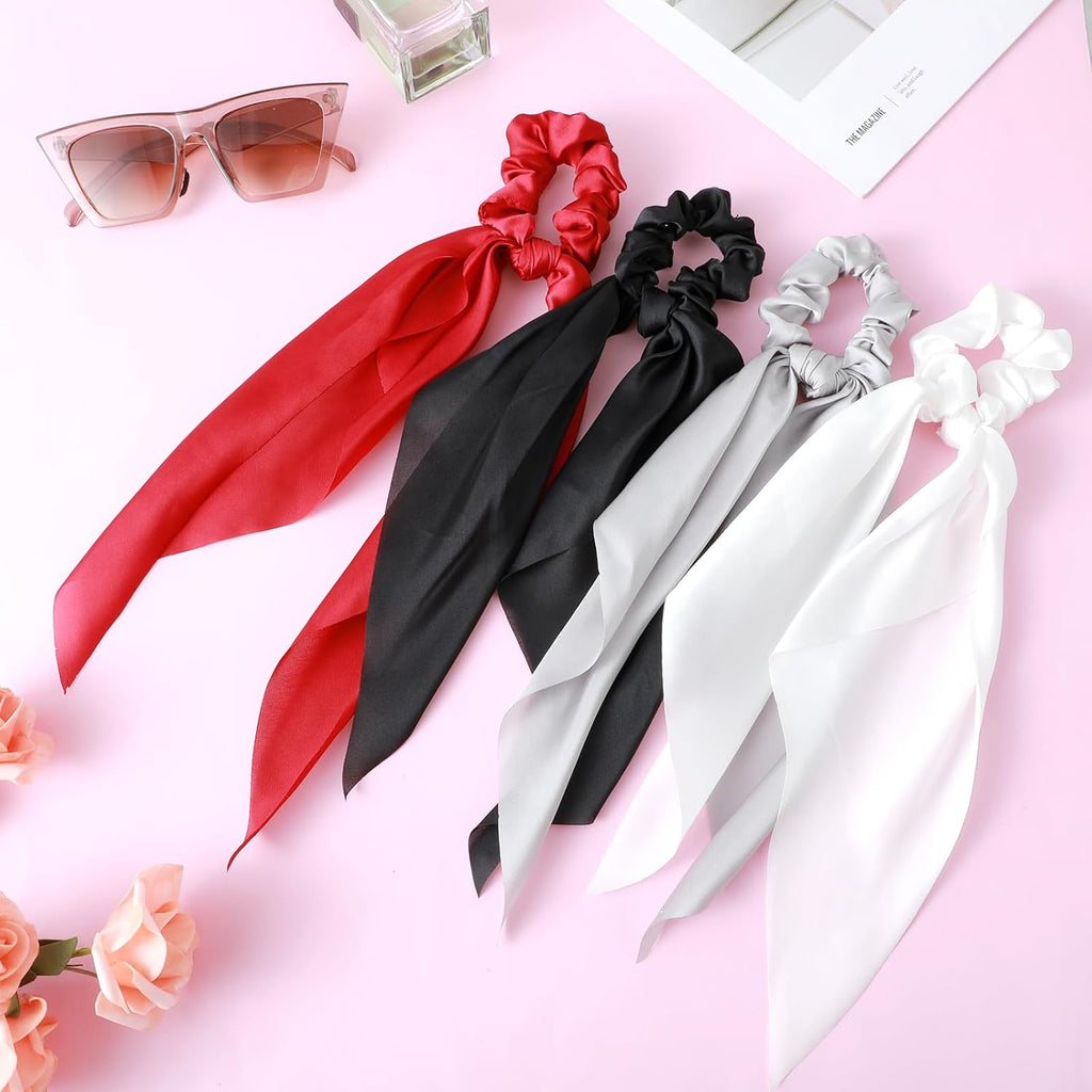 Hair Scarf Scrunchies for Women, 4 Pcs Ribbon Bow Hair Ties Cute Satin Hair Scrunchies with Ribbon Tails Elastic Hair Bands Soft Ponytail Holder Hair Accessories (Black/White/Red/Grey)