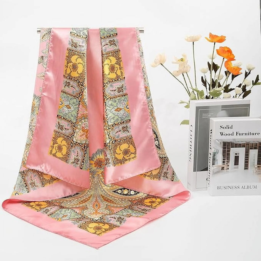 35” Large Satin Square Head Scarf - 2Pcs Silk Floral Head Scarves Women Hair Scarves Hair Bandanas