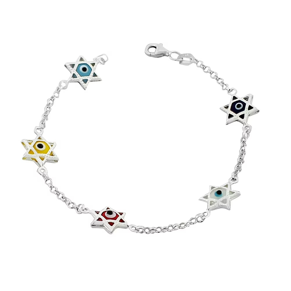 925 Sterling Silver Glass Multicolor Evil Eye Star of David Link Chain Bracelet