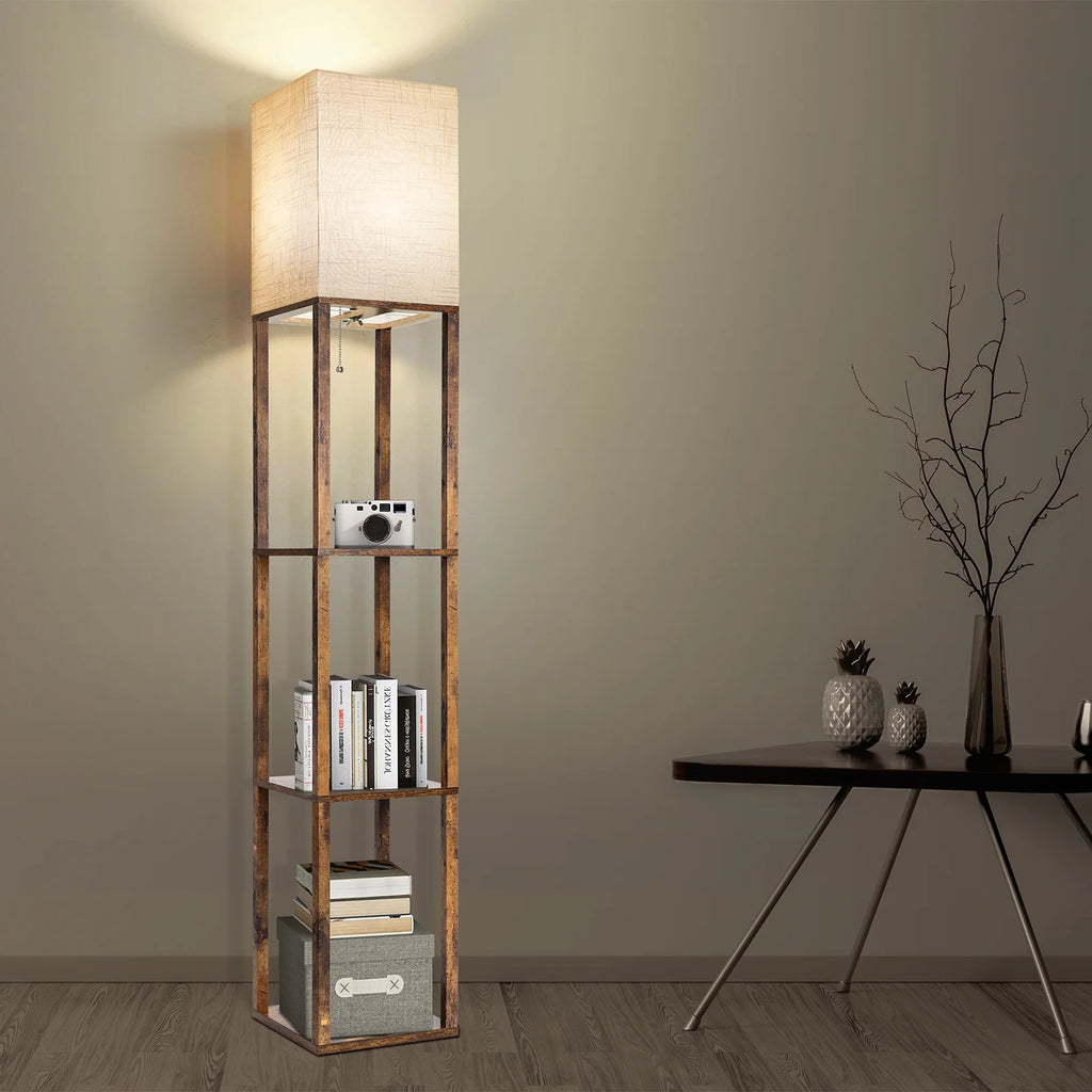 Floor Lamp with Shelves, Modern Dimmable Solid Wood Standing Lamp for Living Room and Bedroom