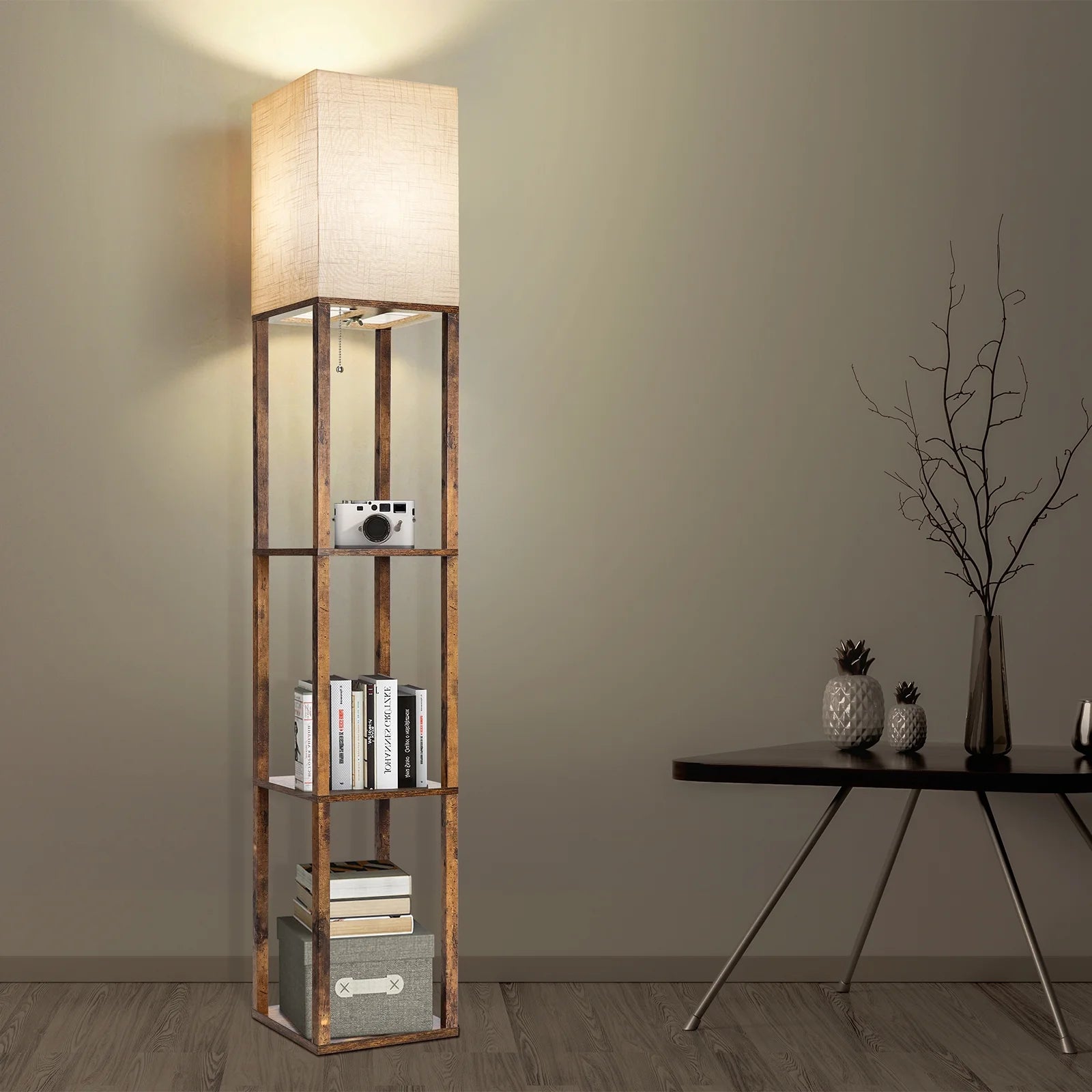 Floor Lamp with Shelves, Modern Dimmable Solid Wood Standing Lamp for Living Room and Bedroom