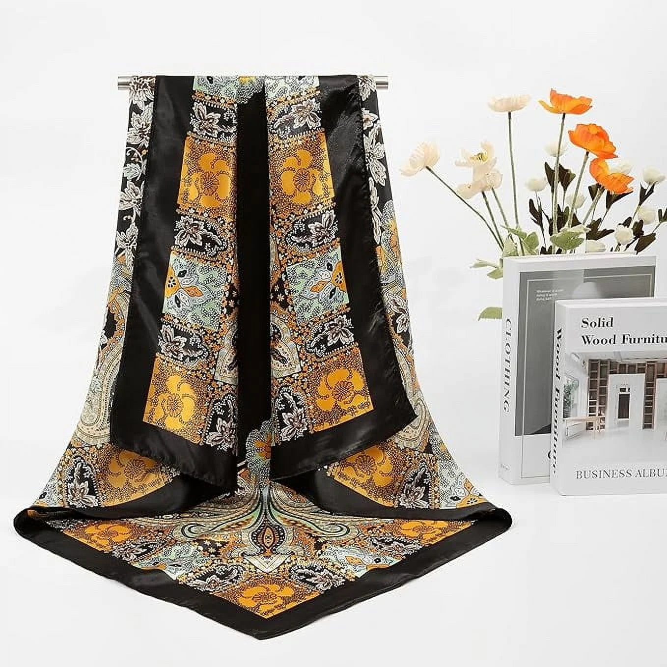 35” Large Satin Square Head Scarf - 2Pcs Silk Floral Head Scarves Women Hair Scarves Hair Bandanas