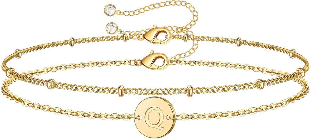 Gold Initial Bracelets for Women Girls Christmas Gifts - Dainty 14K Gold Plated Layered Beaded Letter Initial Bracelet 26 Alphabet Disc Monogram Charm Bracelet Jewelry Christmas Gifts for Women