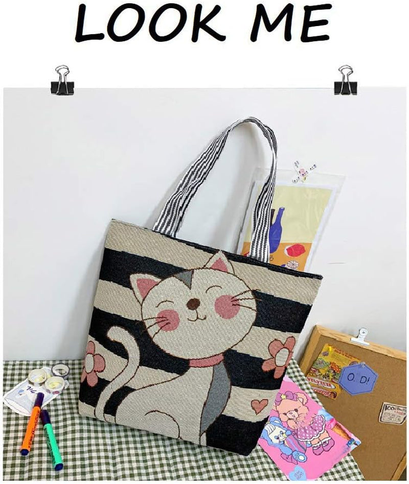 Cartoon Cat Canvas Tote Bag for Women and Girls Large Shoulder Bag,Ecofriendly Zipper Shopping Bags School Bag with Zipper Interior Pocket.,White-2,32×38Cm