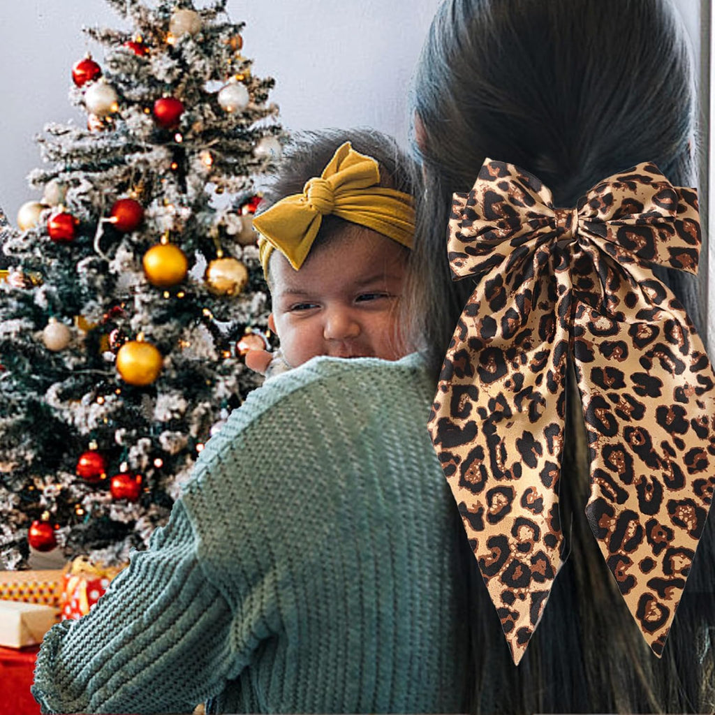 Ribbon Hair Bow for Women Girls - 1Pcs Long Tail Silky Satin Leopard Bow Hair Alligator Clips,Bowknot Hair Barrettes with Metal Clips Ponytail Holder Hair Accessories for Women Thick Thin Hair Bow