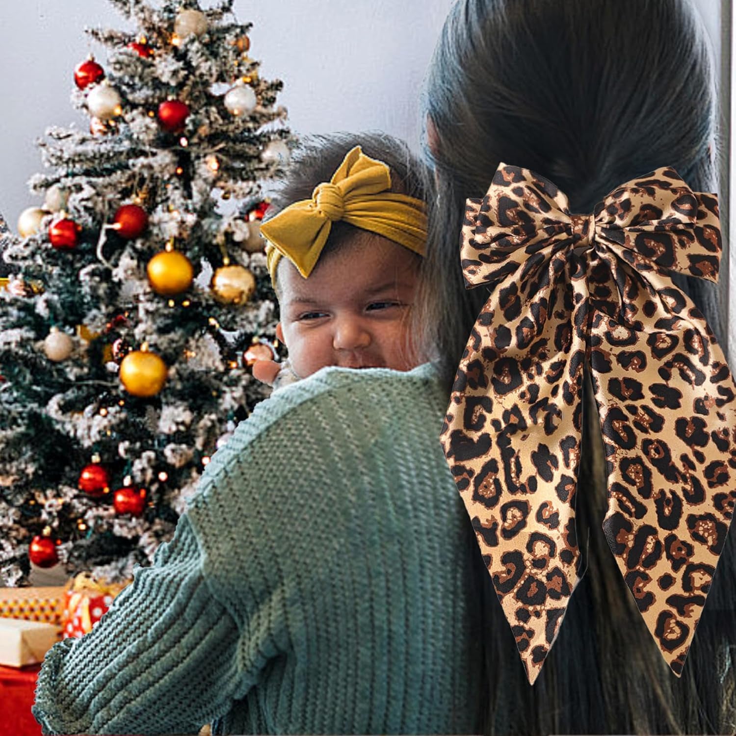 Ribbon Hair Bow for Women Girls - 1Pcs Long Tail Silky Satin Leopard Bow Hair Alligator Clips,Bowknot Hair Barrettes with Metal Clips Ponytail Holder Hair Accessories for Women Thick Thin Hair Bow