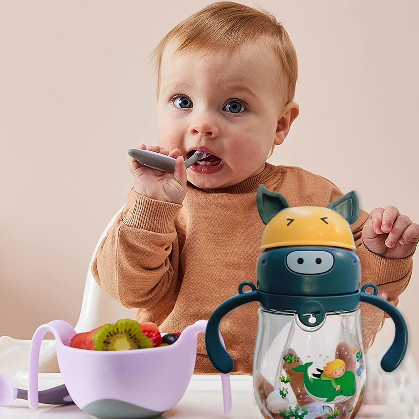 Hot Sale!  Glass Beverage Bottle Clearance Cute Children Cartoon Water Bottle Portable Kids Cute Plastic Water Bottle with Straw Kitchen Green