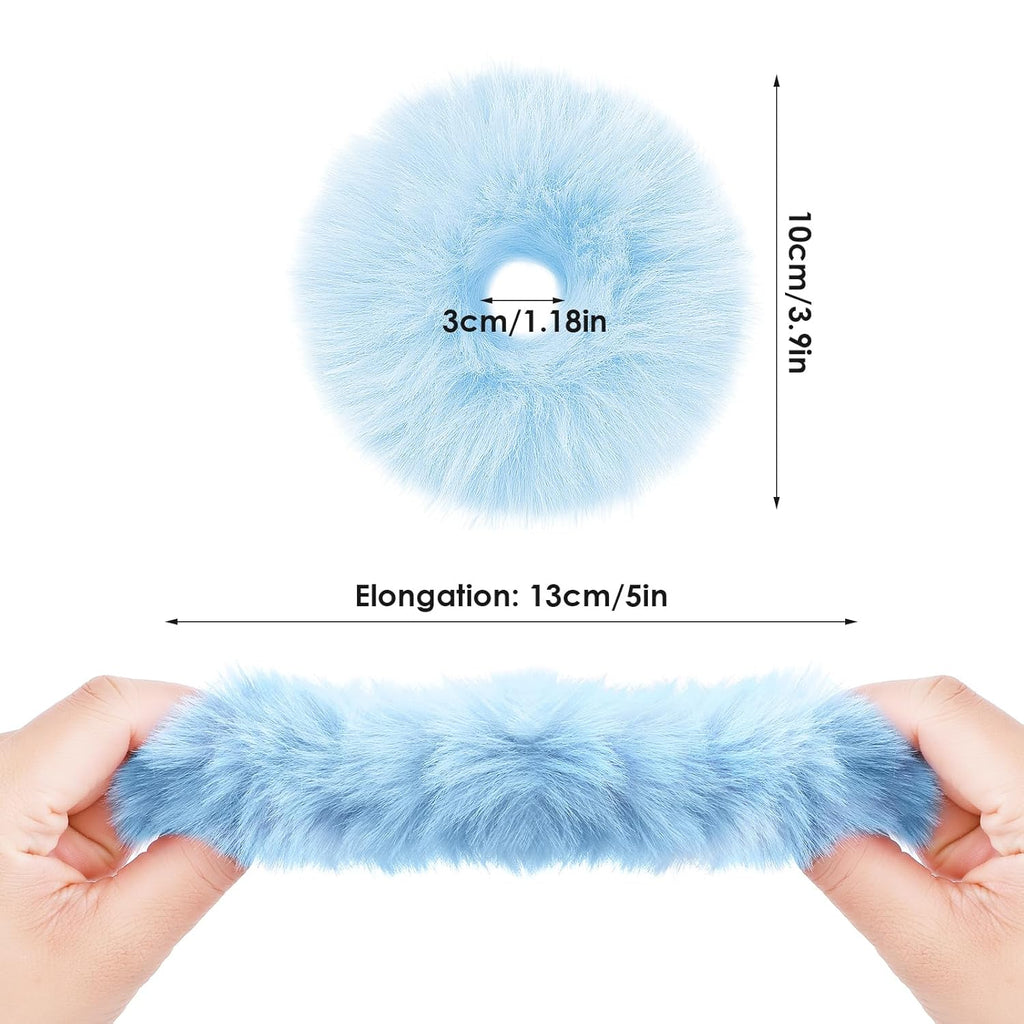 2Pcs Blue Pompom Hair Tie Furry Faux Rabbit Fur Fuzzy Scrunchies Blue Fuzzy Hair Ties Baby Hair Ties Ponytail Holders Pom Hair Accessories for Girl Women