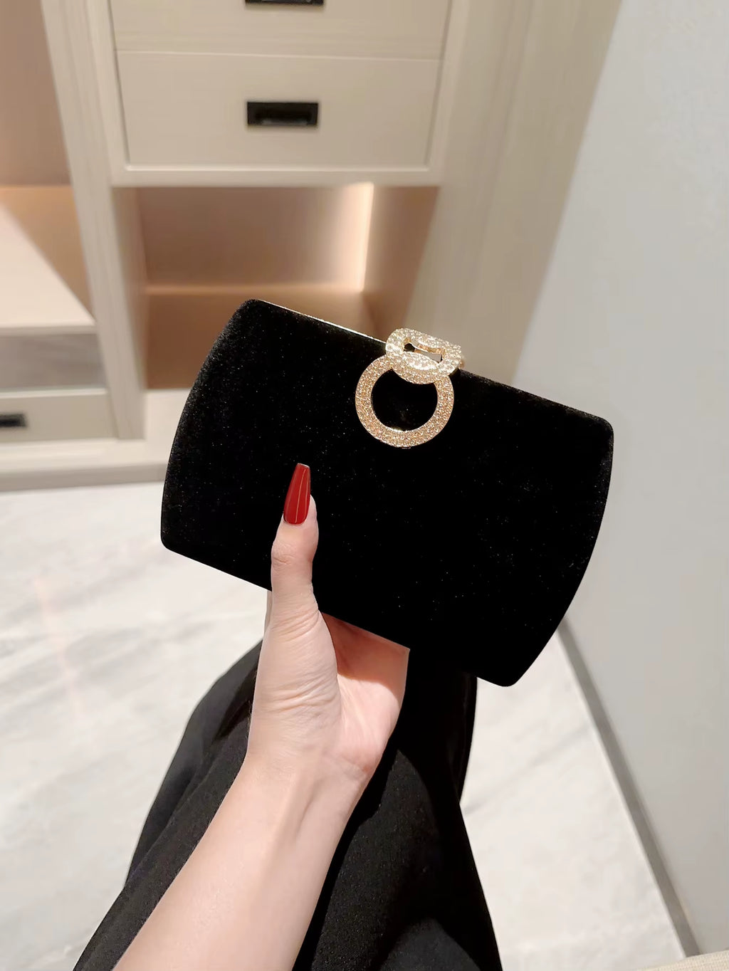 Ladies Autumn Winter Velvet Box Dinner Bag Sparkly Rhinestone Decoration Banquet Bag Clutch Evening Bag Dress Bag Prom Bag Party Bag