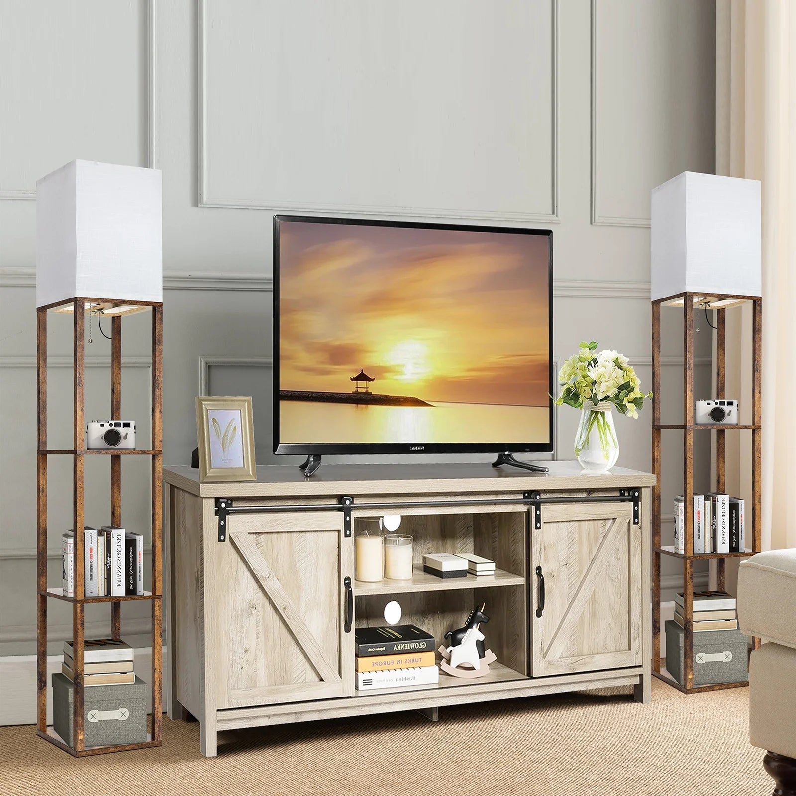 Floor Lamp with Shelves, Modern Dimmable Solid Wood Standing Lamp for Living Room and Bedroom