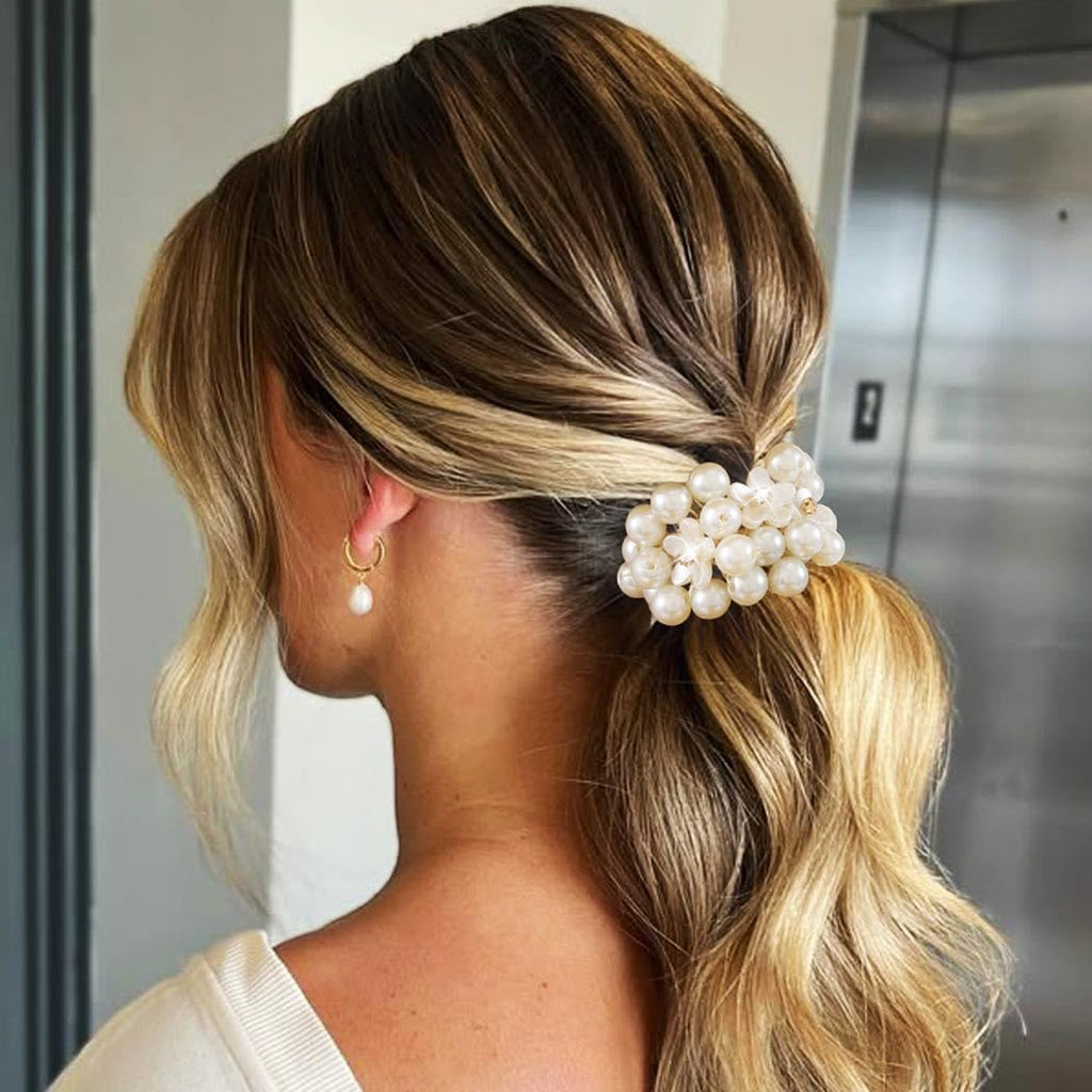 Pearl Hair Ties Fancy Ponytail Holder White Elastic Hair Bands Pearl Hair Accessories for Women (Pack of 3)