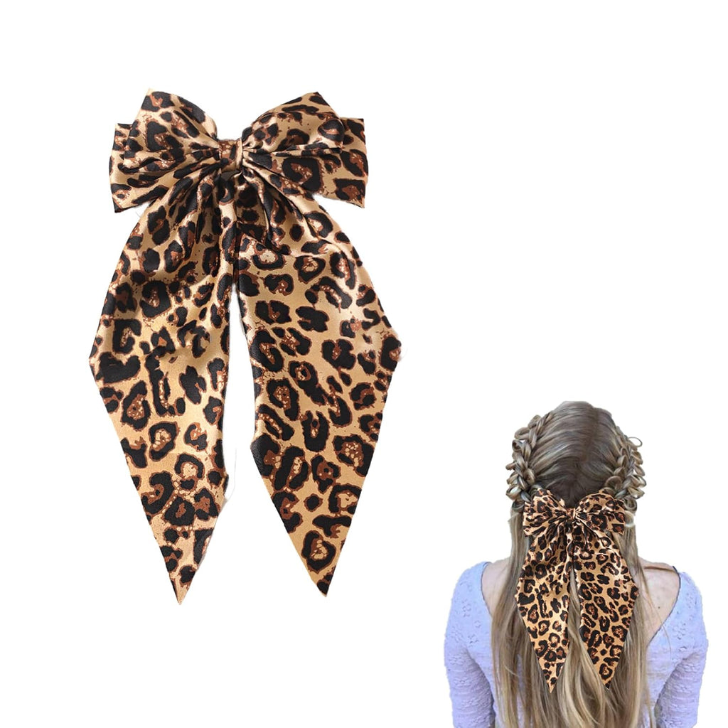 Ribbon Hair Bow for Women Girls - 1Pcs Long Tail Silky Satin Leopard Bow Hair Alligator Clips,Bowknot Hair Barrettes with Metal Clips Ponytail Holder Hair Accessories for Women Thick Thin Hair Bow