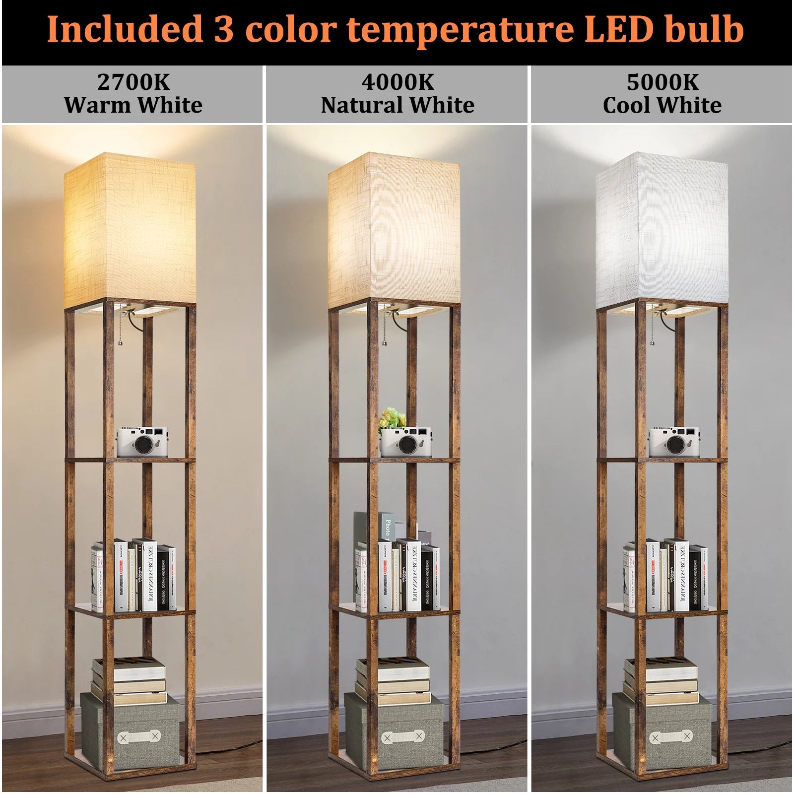Floor Lamp with Shelves, Modern Dimmable Solid Wood Standing Lamp for Living Room and Bedroom