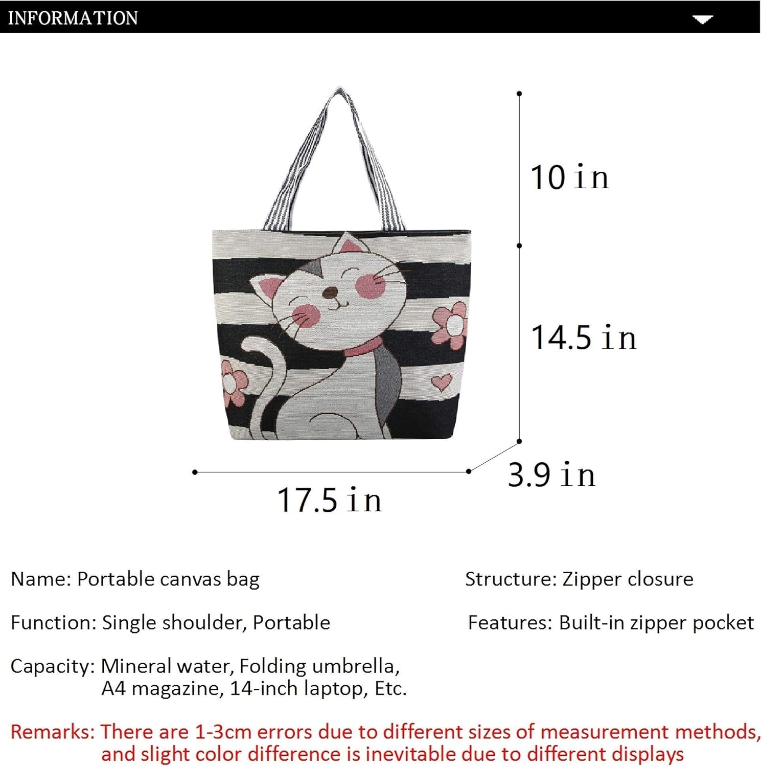 Cartoon Cat Canvas Tote Bag for Women and Girls Large Shoulder Bag,Ecofriendly Zipper Shopping Bags School Bag with Zipper Interior Pocket.,White-2,32×38Cm