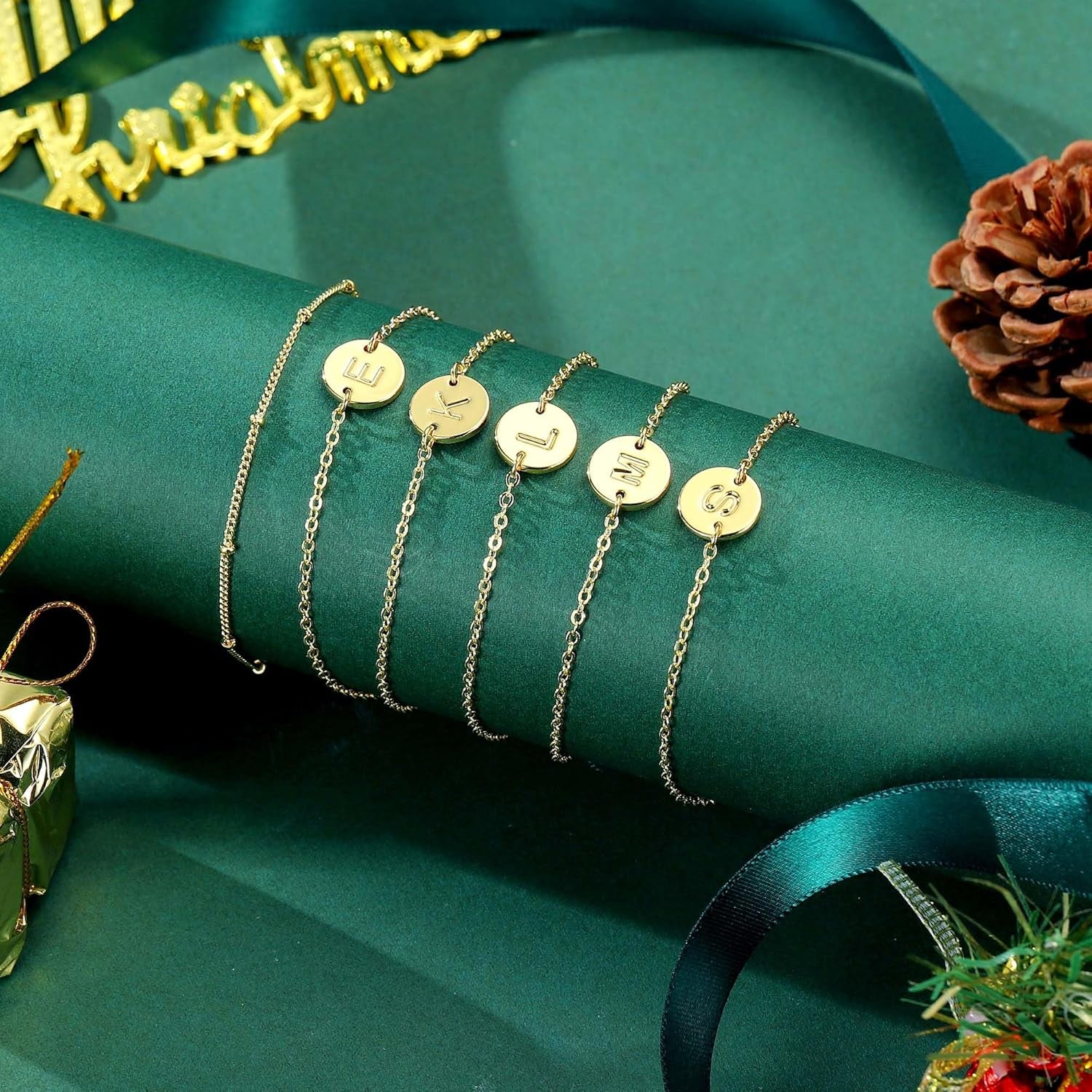 Gold Initial Bracelets for Women Girls Christmas Gifts - Dainty 14K Gold Plated Layered Beaded Letter Initial Bracelet 26 Alphabet Disc Monogram Charm Bracelet Jewelry Christmas Gifts for Women