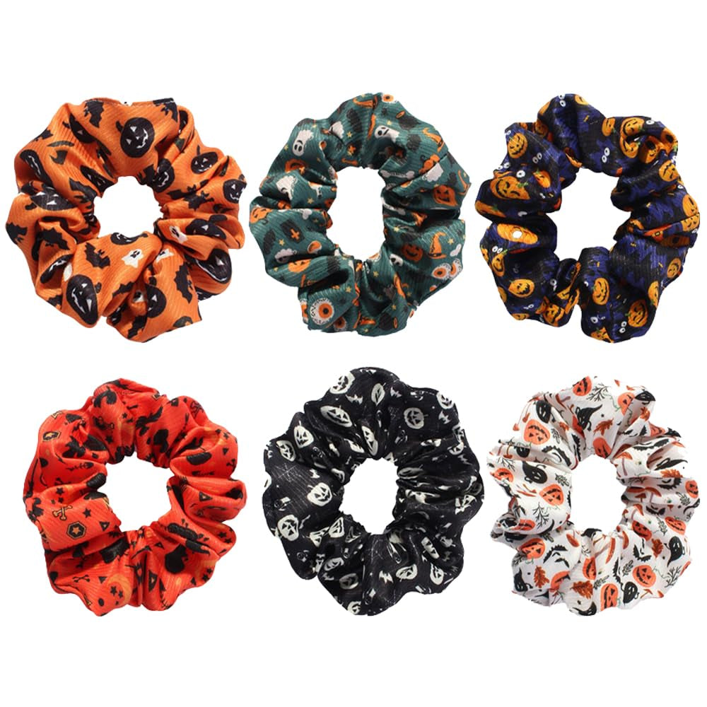 Halloween Hair Ties Elastics Hair Scrunchies Ponytail Holder Pumpkin Bat Ghost Silk Hair Rope Hair Band for Women Halloween Hair Accessories Black Orange Purple 6Pcs