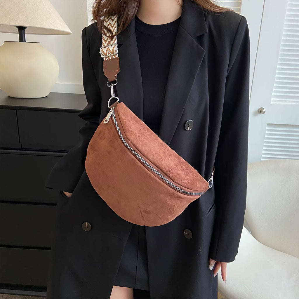 Women Casual Sling Bag PU Leather Chest Bag Solid Shoulder Bag Adjustable Wide Strap Half Moon Crossbody Bag Stylish Satchel Bag