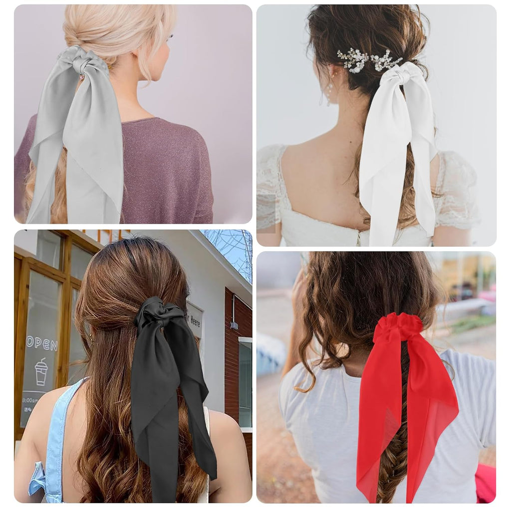 Hair Scarf Scrunchies for Women, 4 Pcs Ribbon Bow Hair Ties Cute Satin Hair Scrunchies with Ribbon Tails Elastic Hair Bands Soft Ponytail Holder Hair Accessories (Black/White/Red/Grey)