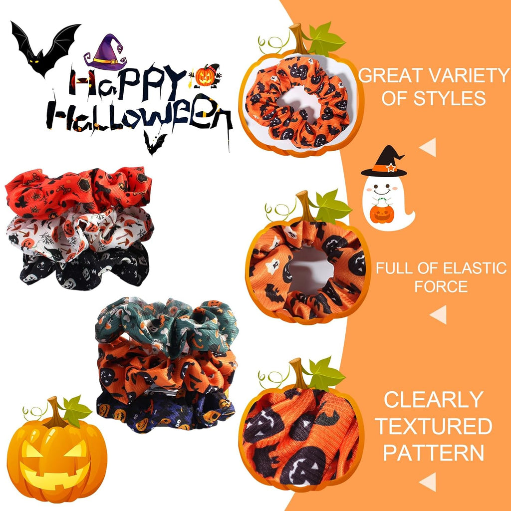 Halloween Hair Ties Elastics Hair Scrunchies Ponytail Holder Pumpkin Bat Ghost Silk Hair Rope Hair Band for Women Halloween Hair Accessories Black Orange Purple 6Pcs