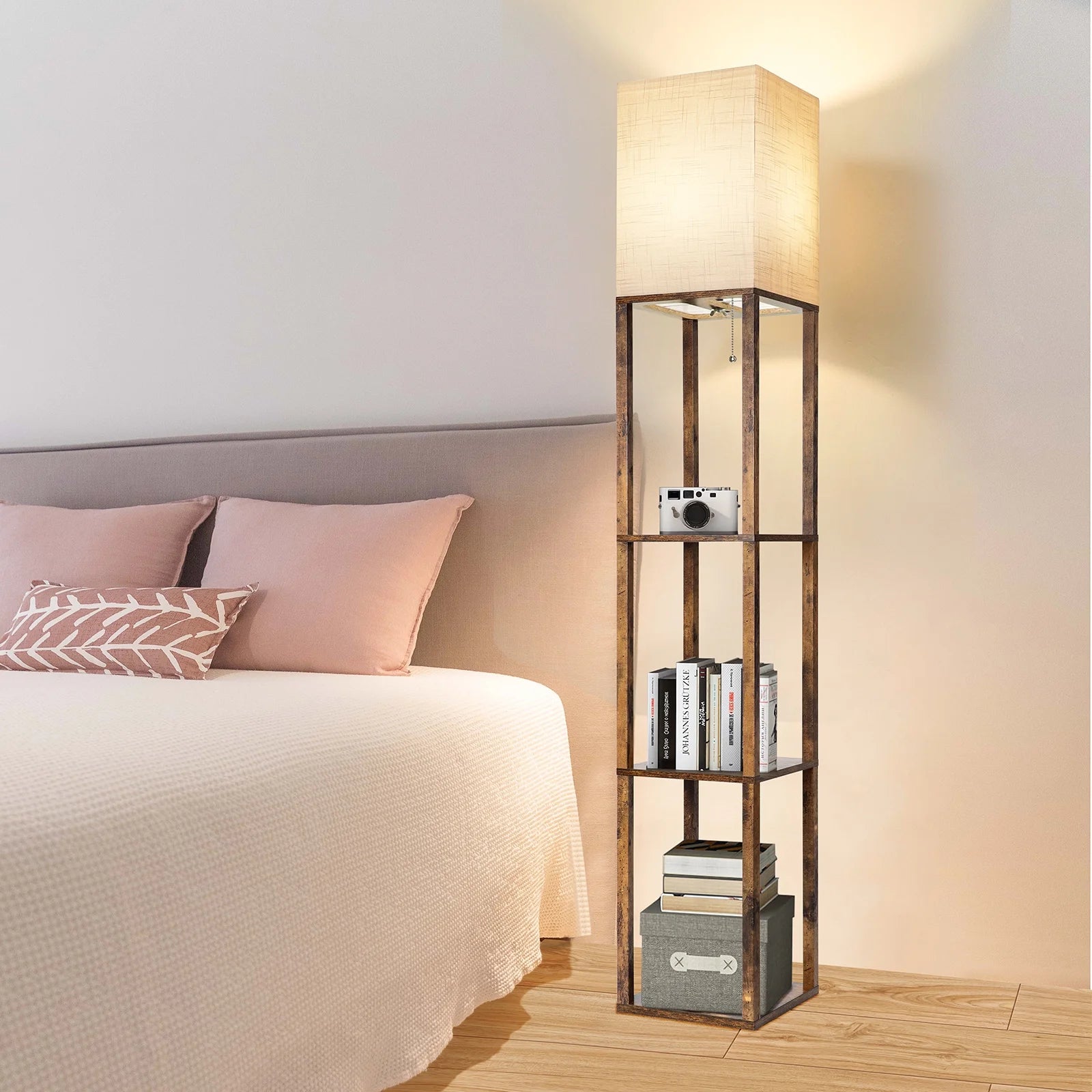 Floor Lamp with Shelves, Modern Dimmable Solid Wood Standing Lamp for Living Room and Bedroom