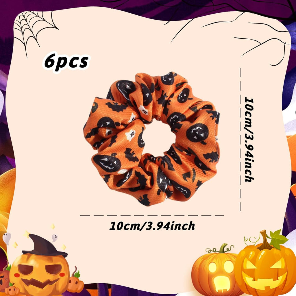 Halloween Hair Ties Elastics Hair Scrunchies Ponytail Holder Pumpkin Bat Ghost Silk Hair Rope Hair Band for Women Halloween Hair Accessories Black Orange Purple 6Pcs