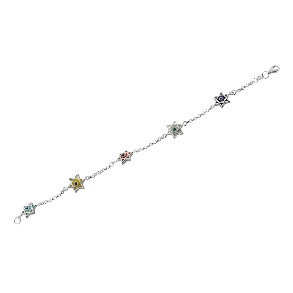 925 Sterling Silver Glass Multicolor Evil Eye Star of David Link Chain Bracelet