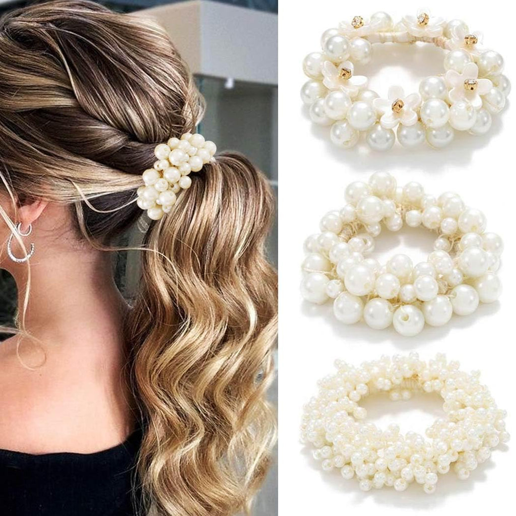 Pearl Hair Ties Fancy Ponytail Holder White Elastic Hair Bands Pearl Hair Accessories for Women (Pack of 3)