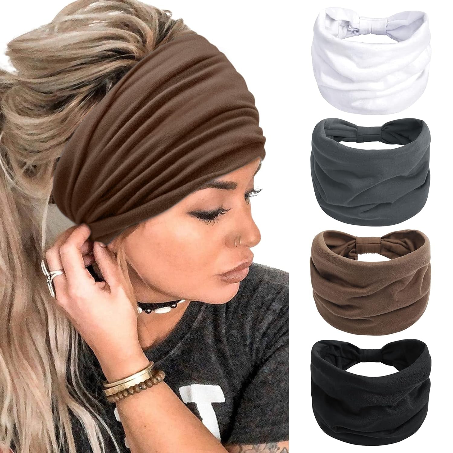 Headbands for Women 7'' Extra Wide Head Bands Non Slip Boho Women’S Hair Band Fashion Knotted Workout Yoga Turban Head Wraps African (4 Packs)