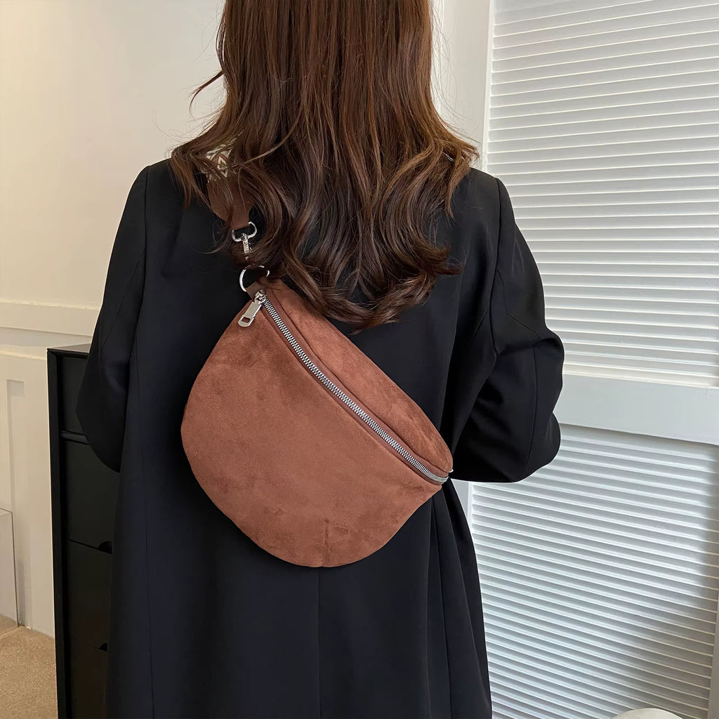 Women Casual Sling Bag PU Leather Chest Bag Solid Shoulder Bag Adjustable Wide Strap Half Moon Crossbody Bag Stylish Satchel Bag