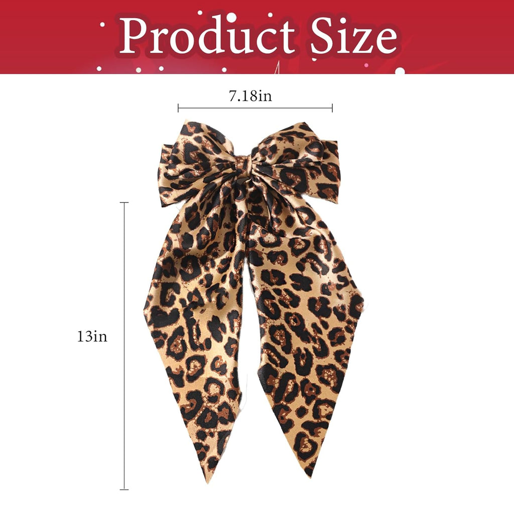 Ribbon Hair Bow for Women Girls - 1Pcs Long Tail Silky Satin Leopard Bow Hair Alligator Clips,Bowknot Hair Barrettes with Metal Clips Ponytail Holder Hair Accessories for Women Thick Thin Hair Bow