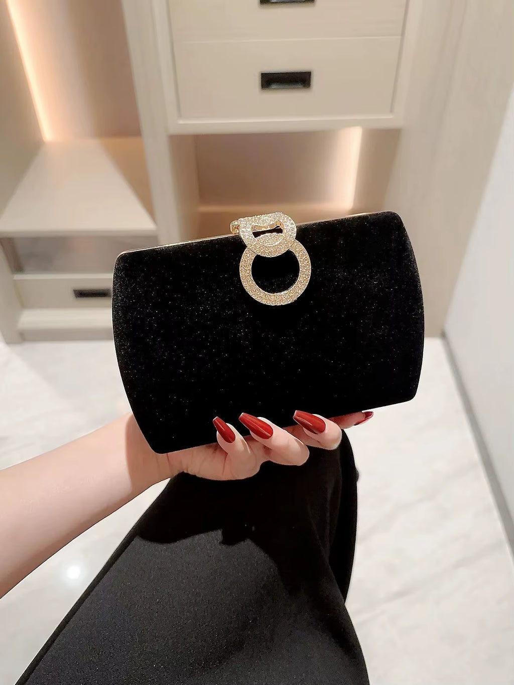 Ladies Autumn Winter Velvet Box Dinner Bag Sparkly Rhinestone Decoration Banquet Bag Clutch Evening Bag Dress Bag Prom Bag Party Bag