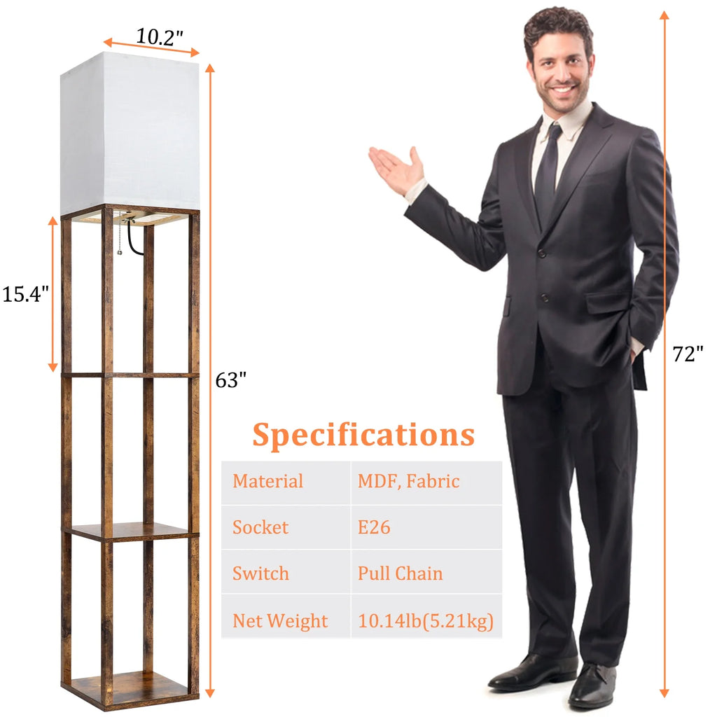 Floor Lamp with Shelves, Modern Dimmable Solid Wood Standing Lamp for Living Room and Bedroom