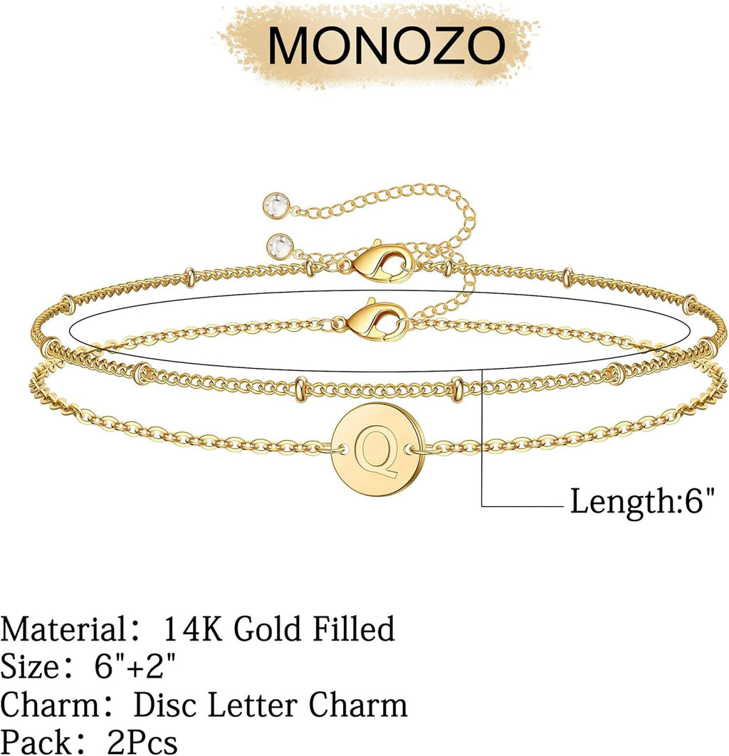 Gold Initial Bracelets for Women Girls Christmas Gifts - Dainty 14K Gold Plated Layered Beaded Letter Initial Bracelet 26 Alphabet Disc Monogram Charm Bracelet Jewelry Christmas Gifts for Women