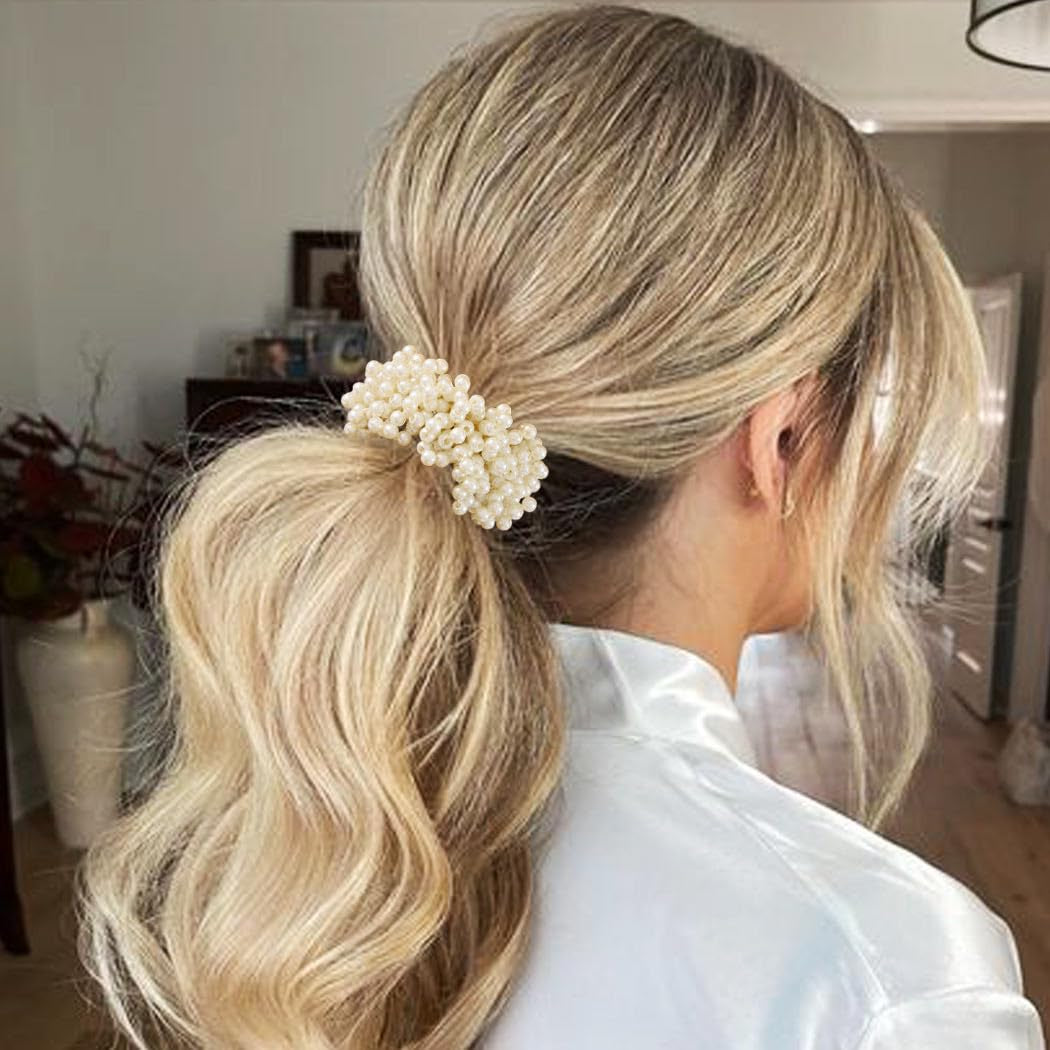 Pearl Hair Ties Fancy Ponytail Holder White Elastic Hair Bands Pearl Hair Accessories for Women (Pack of 3)