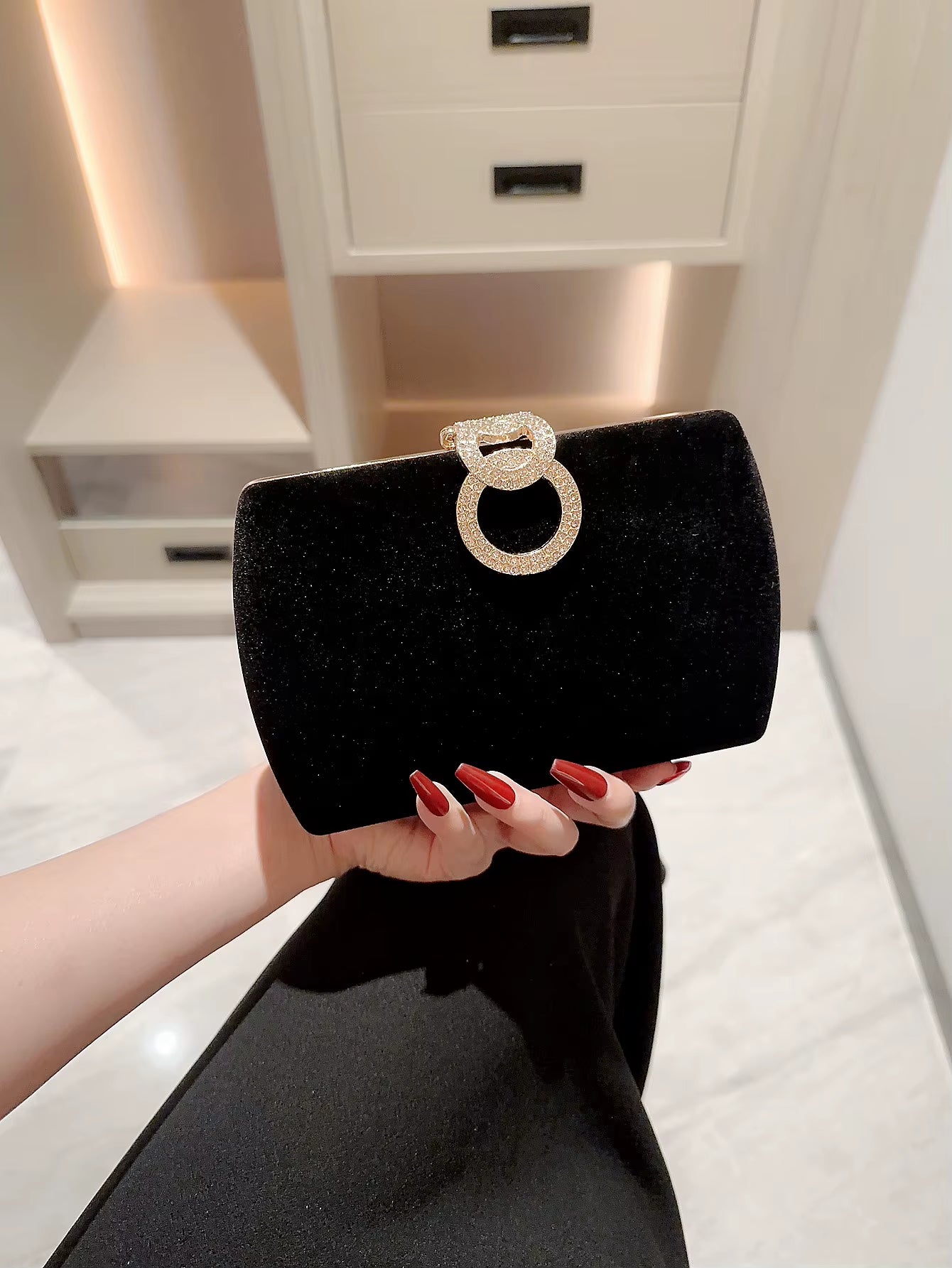 Ladies Autumn Winter Velvet Box Dinner Bag Sparkly Rhinestone Decoration Banquet Bag Clutch Evening Bag Dress Bag Prom Bag Party Bag