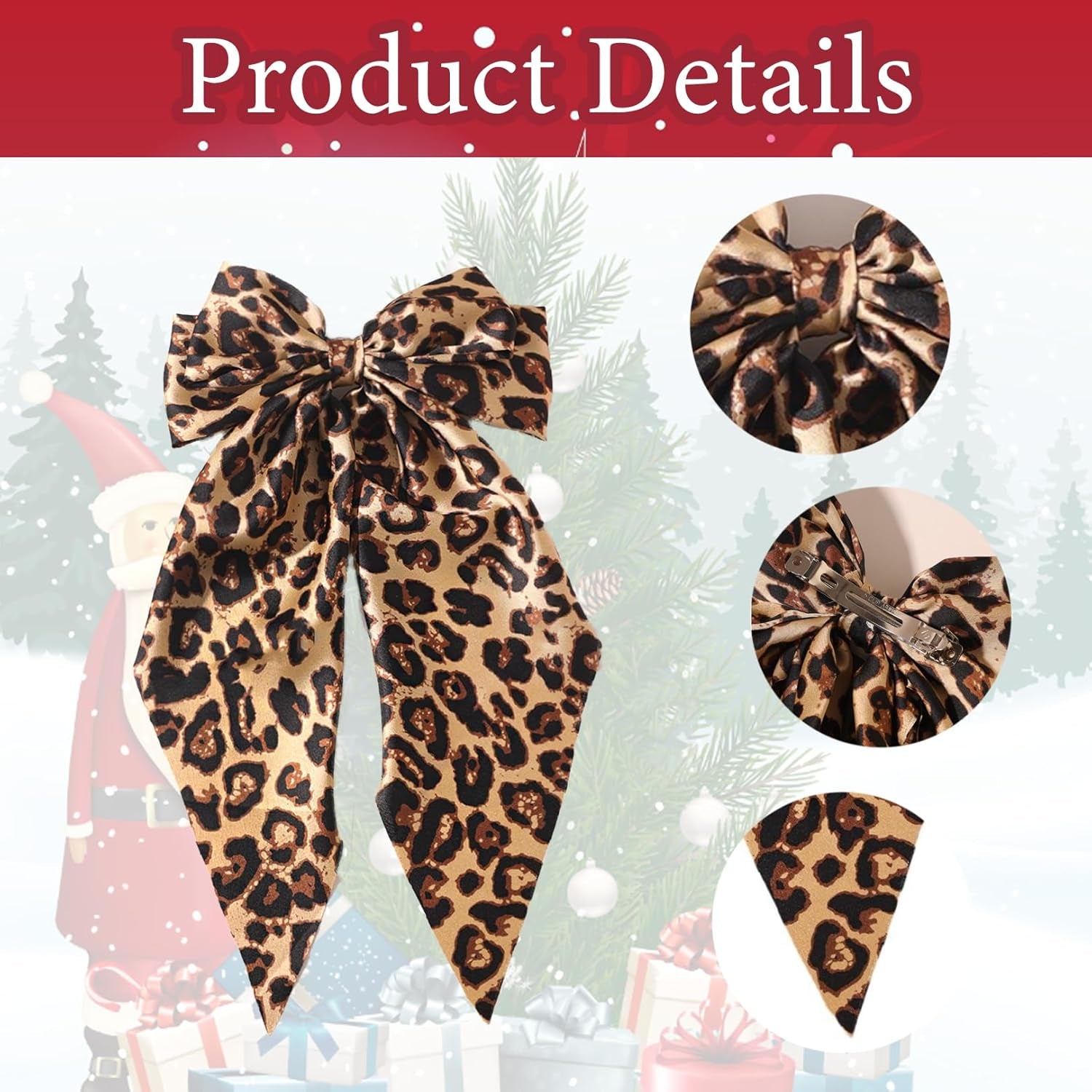 Ribbon Hair Bow for Women Girls - 1Pcs Long Tail Silky Satin Leopard Bow Hair Alligator Clips,Bowknot Hair Barrettes with Metal Clips Ponytail Holder Hair Accessories for Women Thick Thin Hair Bow