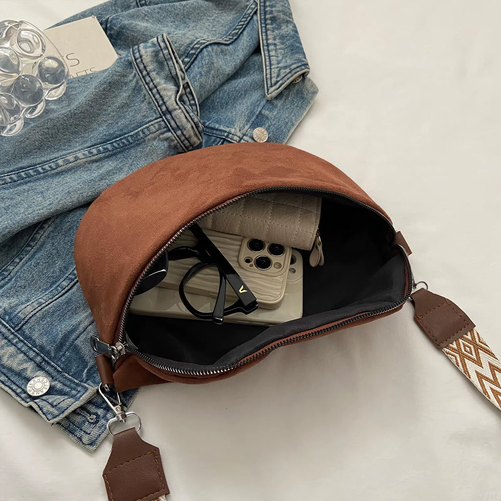 Women Casual Sling Bag PU Leather Chest Bag Solid Shoulder Bag Adjustable Wide Strap Half Moon Crossbody Bag Stylish Satchel Bag