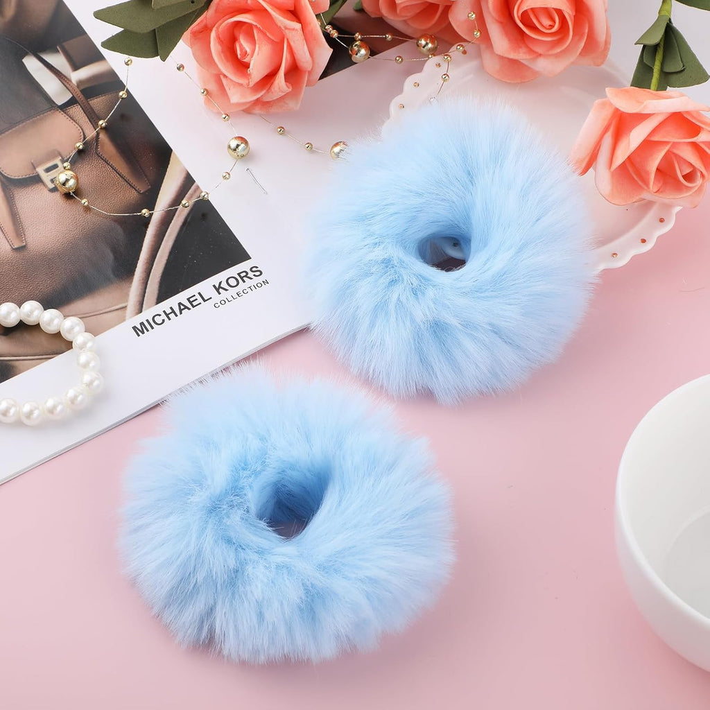 2Pcs Blue Pompom Hair Tie Furry Faux Rabbit Fur Fuzzy Scrunchies Blue Fuzzy Hair Ties Baby Hair Ties Ponytail Holders Pom Hair Accessories for Girl Women