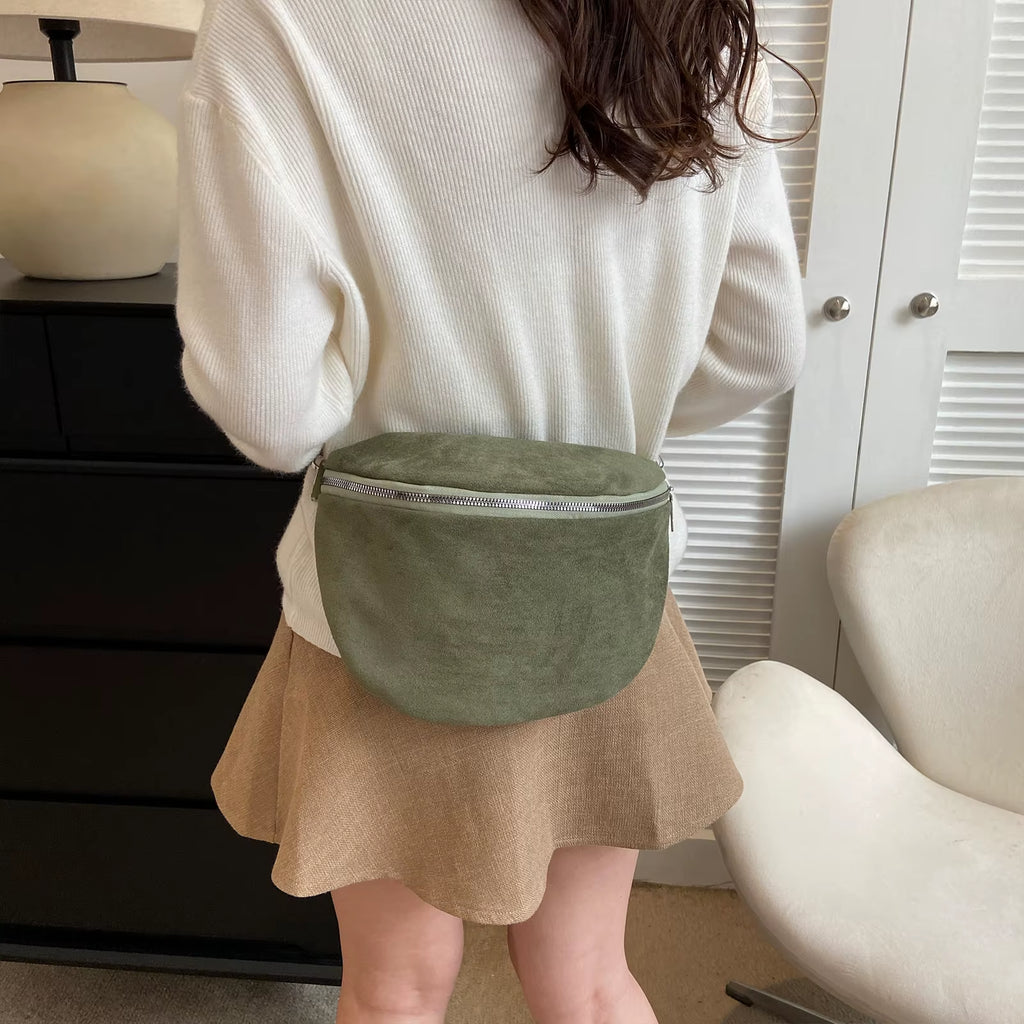 Women Casual Sling Bag PU Leather Chest Bag Solid Shoulder Bag Adjustable Wide Strap Half Moon Crossbody Bag Stylish Satchel Bag