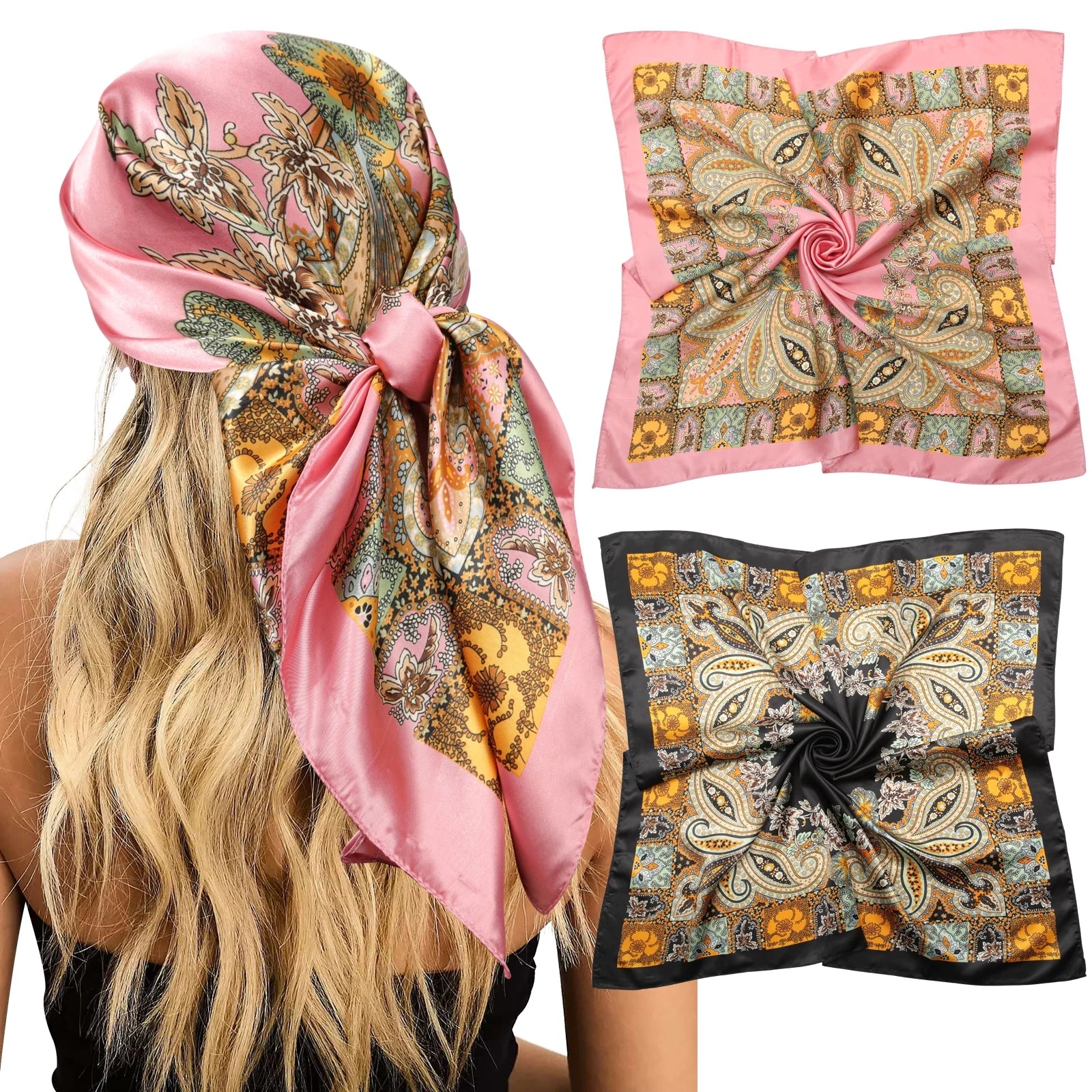 35” Large Satin Square Head Scarf - 2Pcs Silk Floral Head Scarves Women Hair Scarves Hair Bandanas
