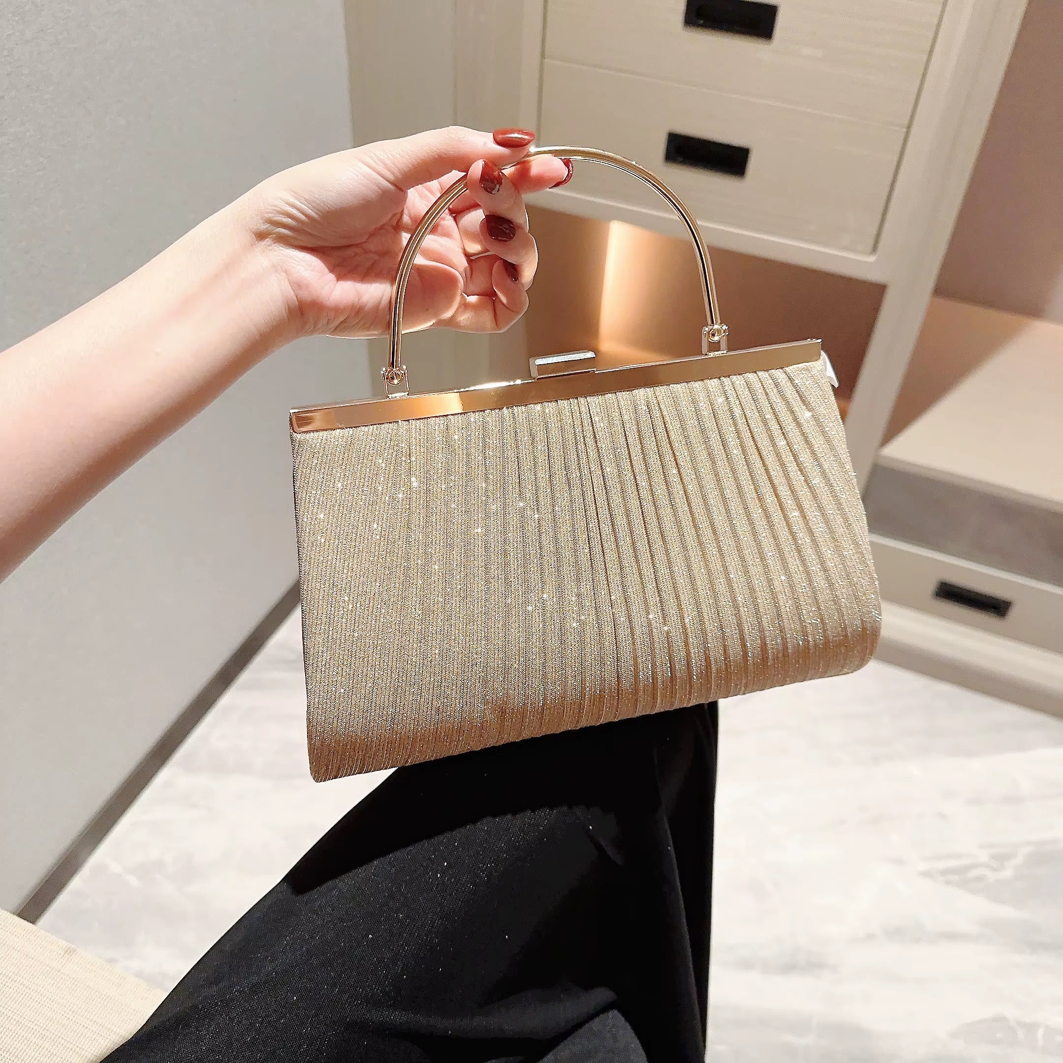 Women'S Classic Pleated Evening Bag Handbag Sparkling Party Bag Evening Bag Dress Bag Prom Handbag Chain Bag