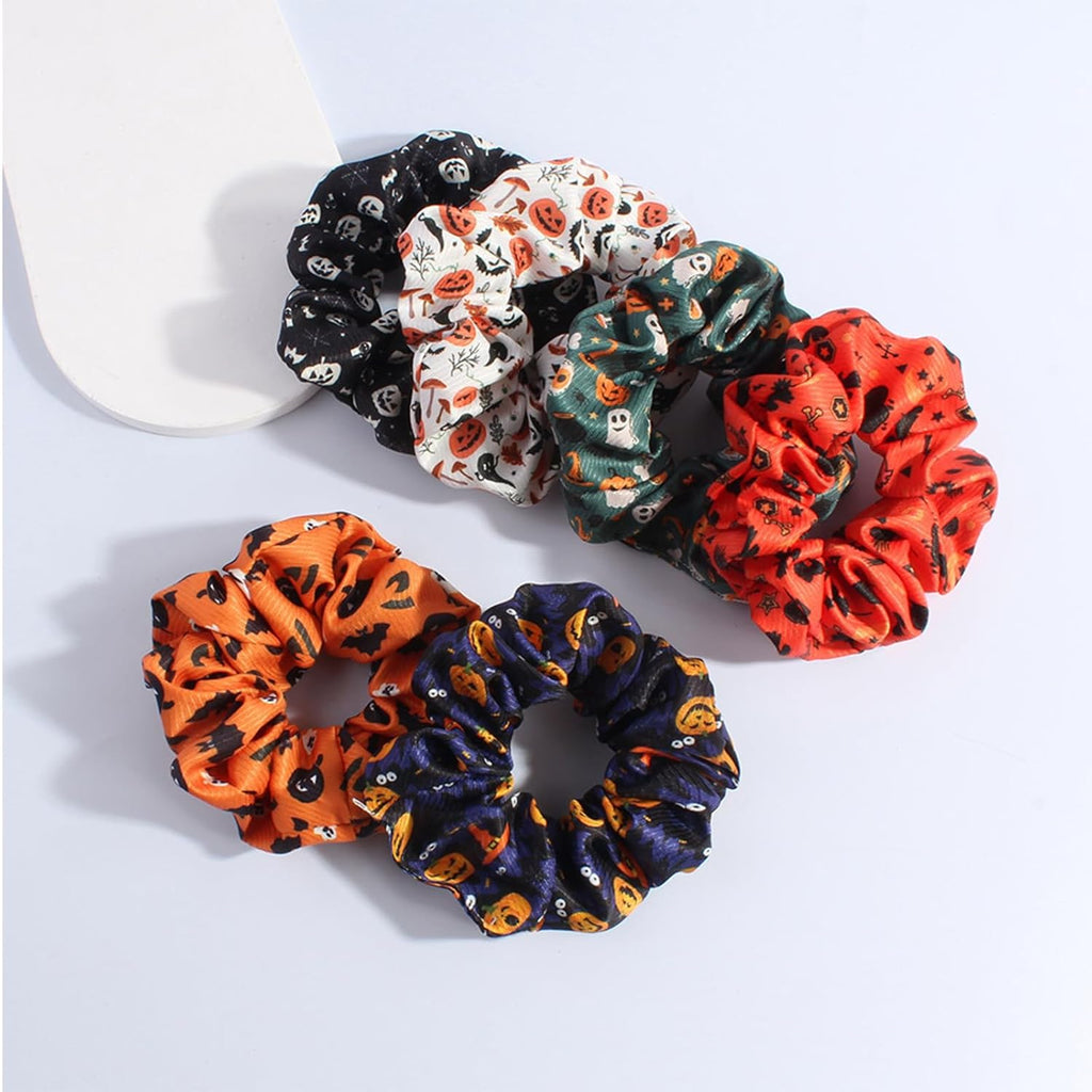 Halloween Hair Ties Elastics Hair Scrunchies Ponytail Holder Pumpkin Bat Ghost Silk Hair Rope Hair Band for Women Halloween Hair Accessories Black Orange Purple 6Pcs