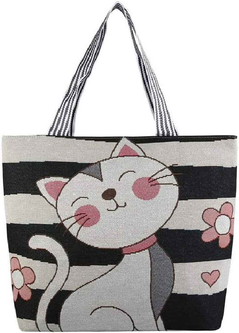 Cartoon Cat Canvas Tote Bag for Women and Girls Large Shoulder Bag,Ecofriendly Zipper Shopping Bags School Bag with Zipper Interior Pocket.,White-2,32×38Cm